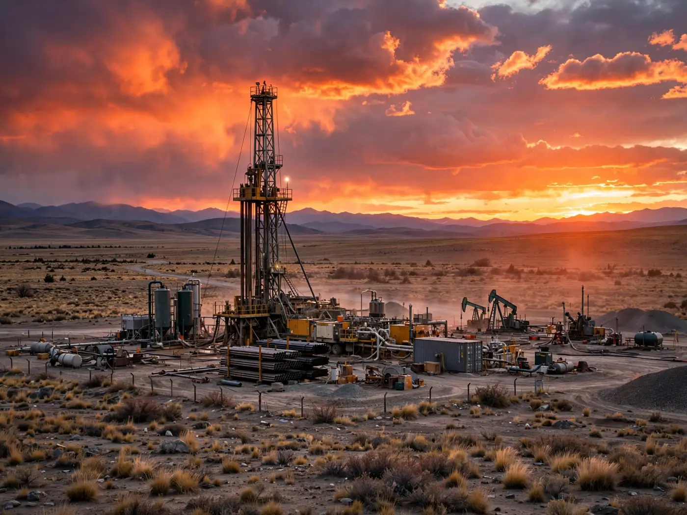 Equipo de perforación de shale en Vaca Muerta al atardecer, estepa patagónica de Neuquén