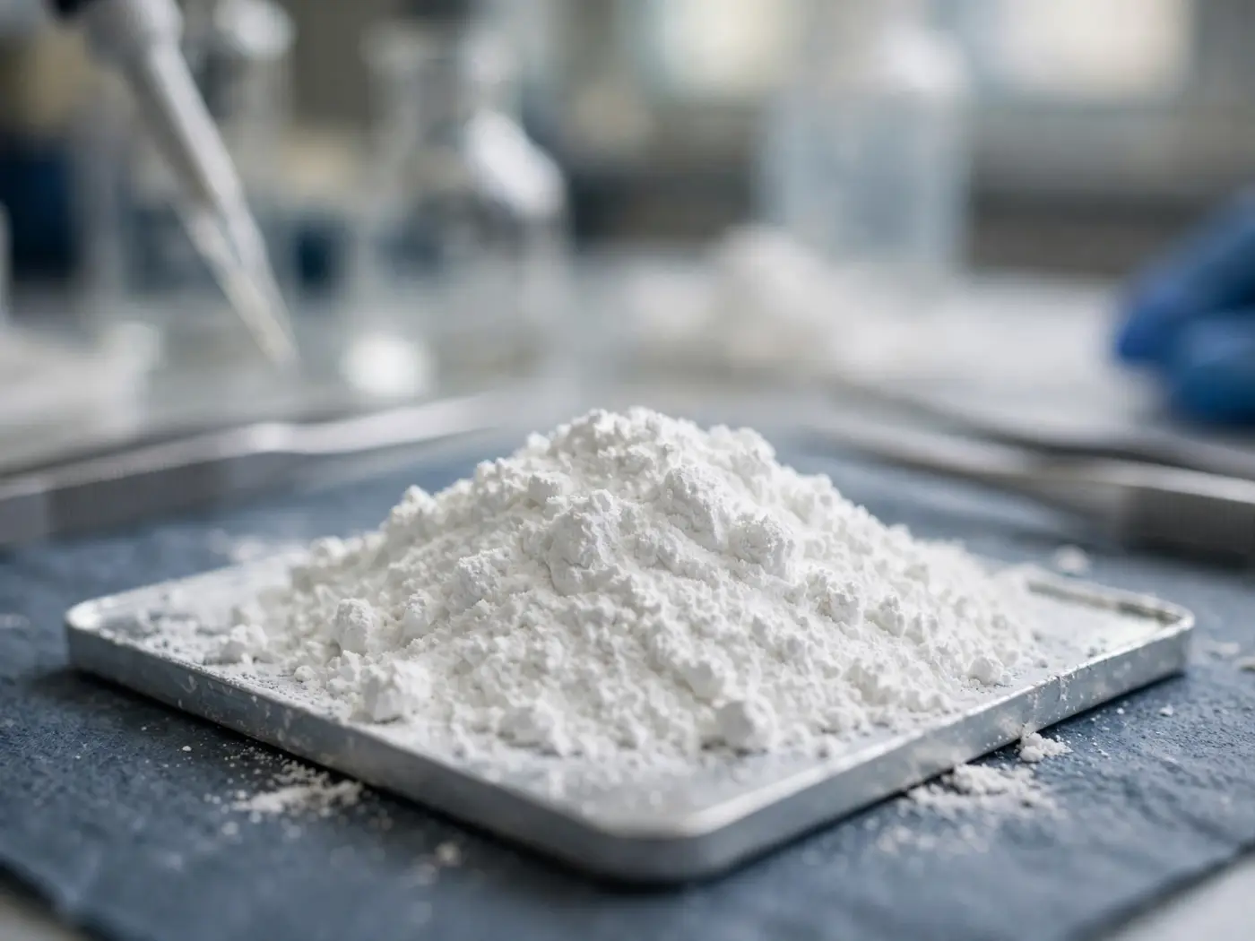 Muestra de carbonato de litio en polvo blanco en bandeja de laboratorio