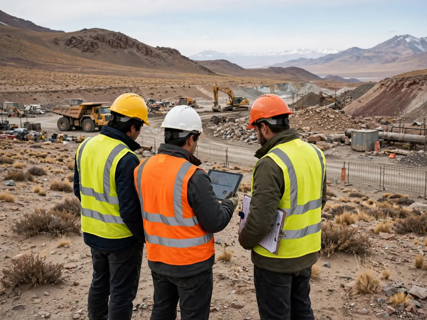 Ingenieros con cascos revisando datos en una tableta en un sitio minero en la puna salteña