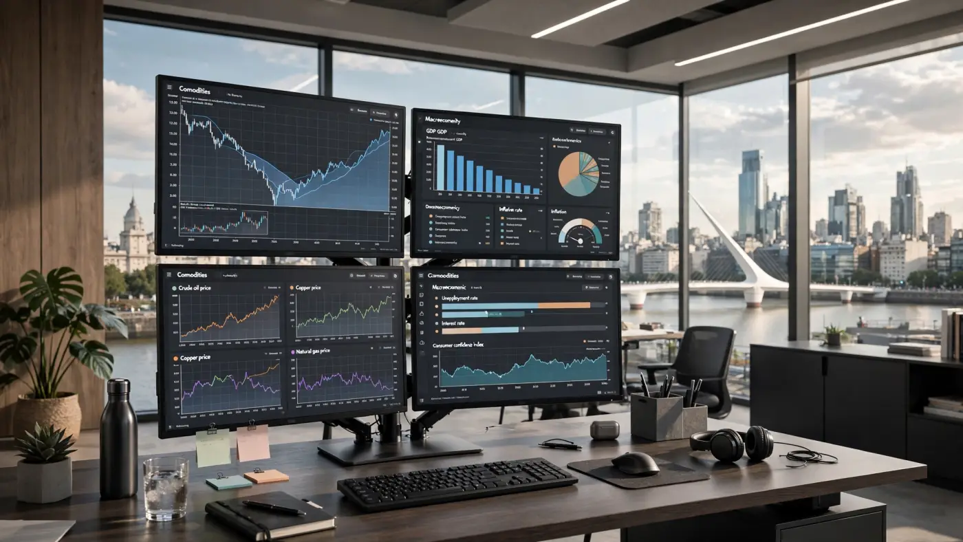 Escritorio de analista con monitores mostrando gráficos de precios de materias primas y dashboards macroeconómicos, Buenos Aires de fondo