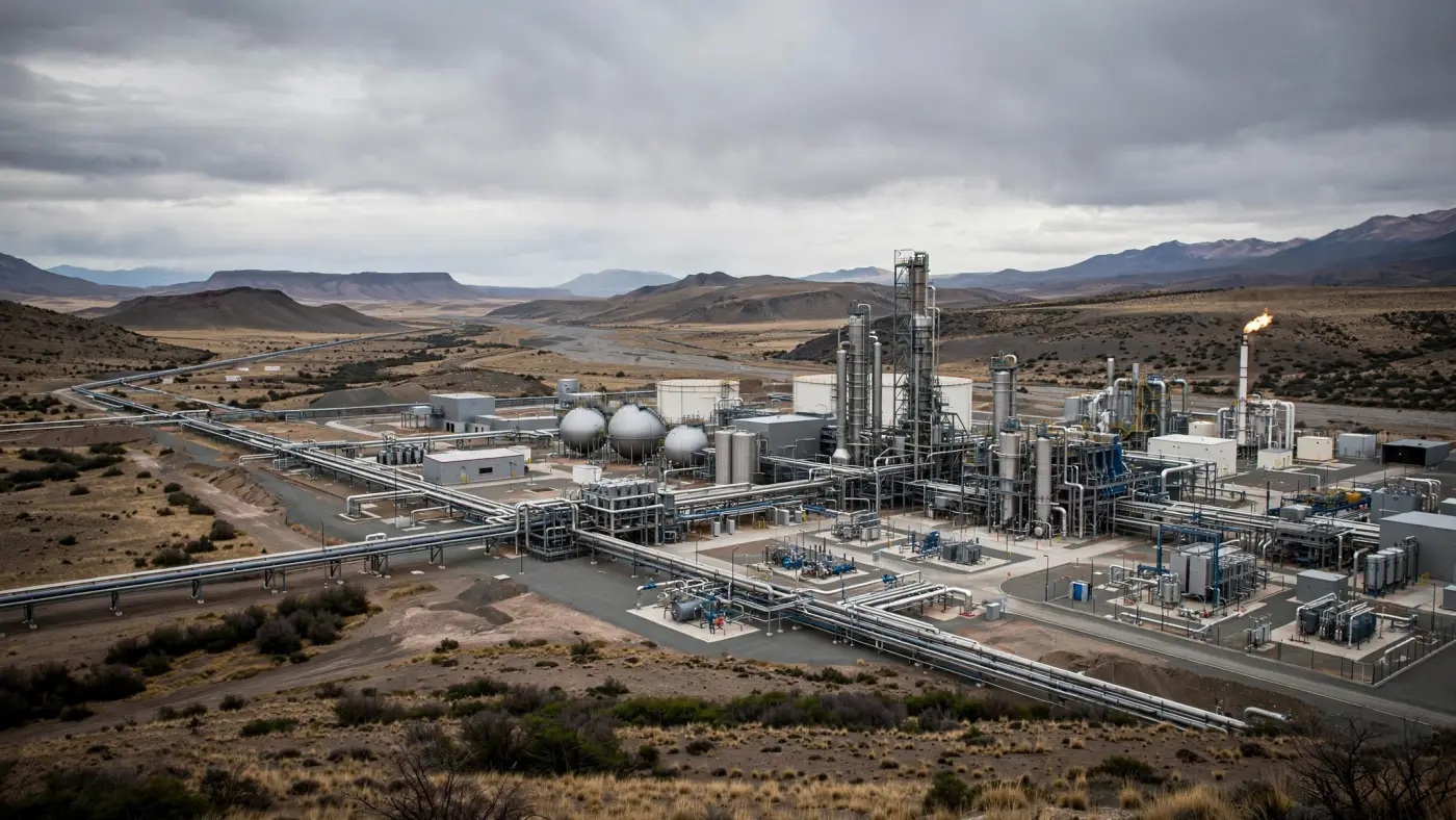 Planta moderna de procesamiento de gas en Neuquén con tuberías, cielo nublado